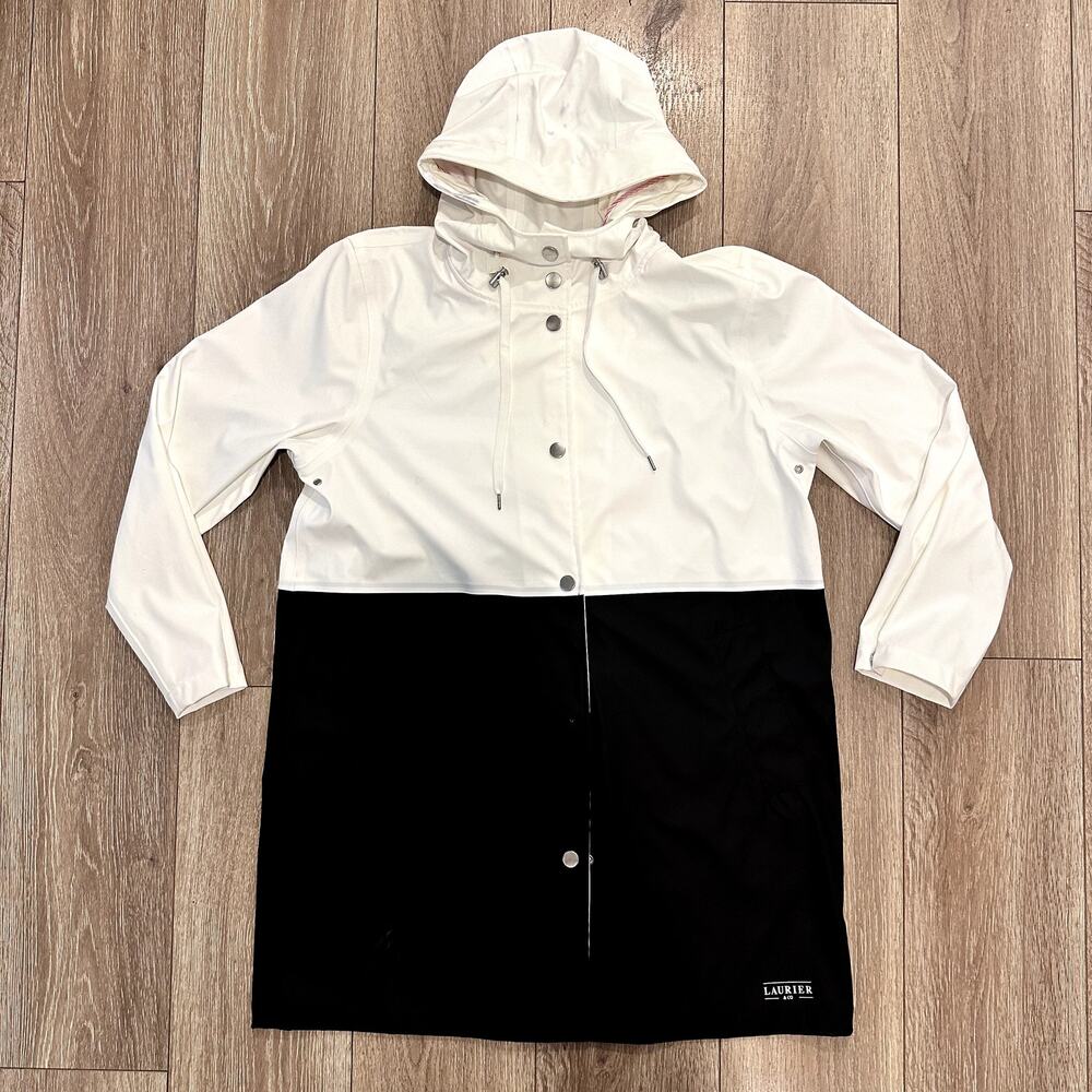 Laurier & Co Long Black & White Gorpcore Sleek Raincoat Large **SEE PHOTOS**